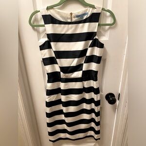 Navy blue and white striped dress.